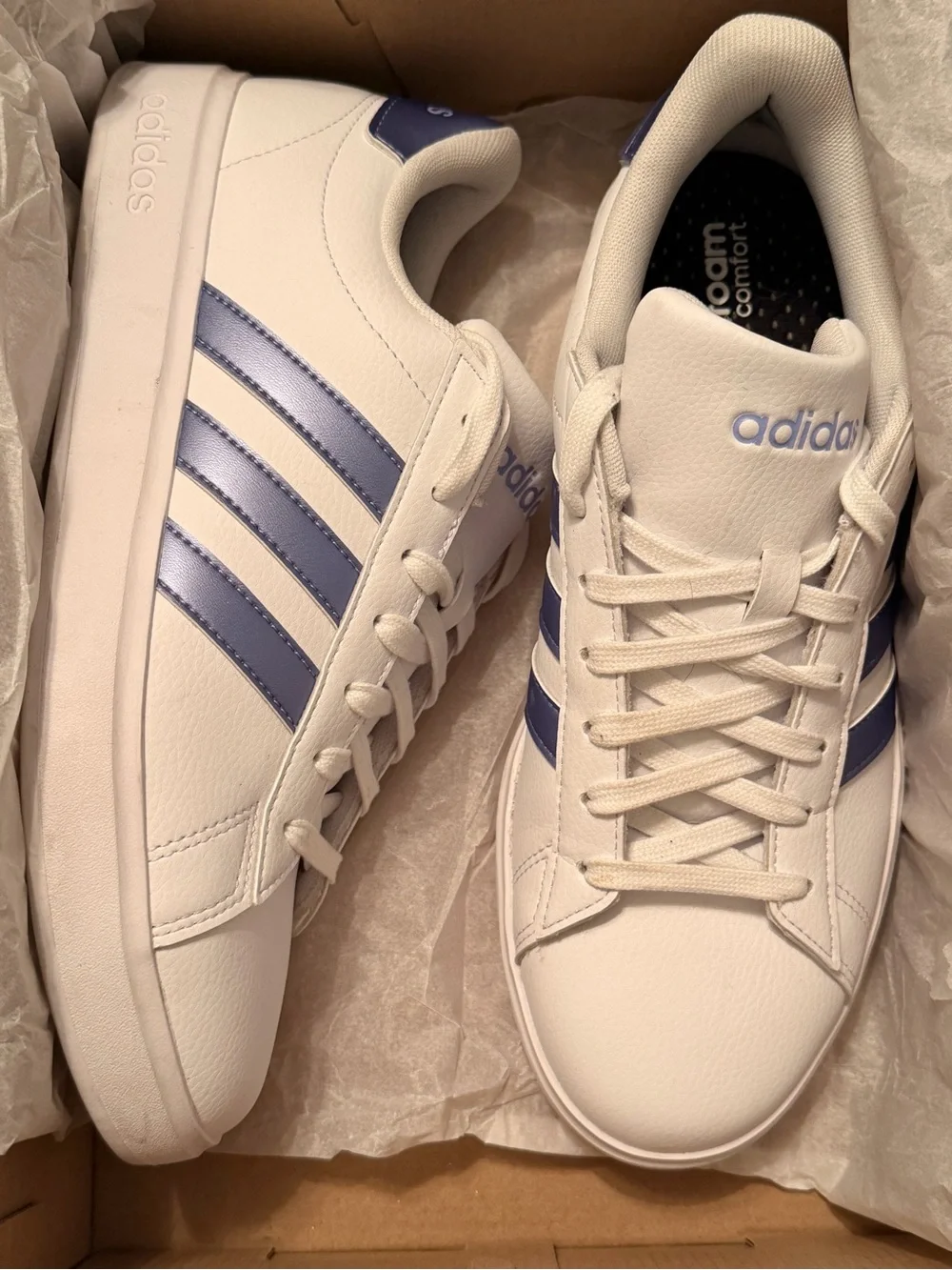 Adidas White Sneakers with Periwinkle Blue Stripes